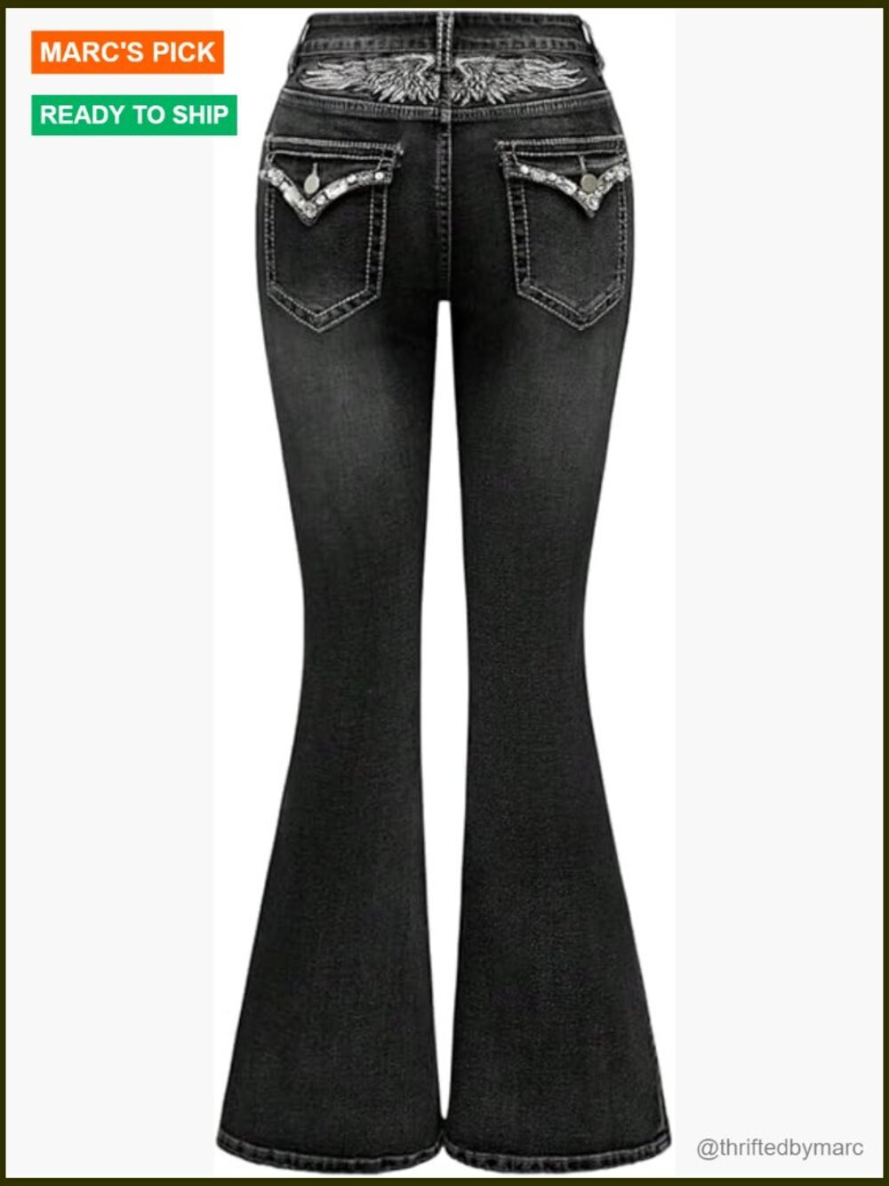 Goth Punk Rhinestone Embroidered Flare Jeans Bootcut Denim Pants